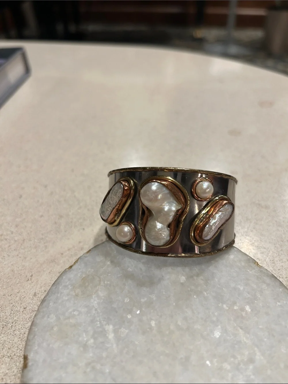 Handcrafted baroque pearl and Rose Gold Accent Cuff Bracelet - Boho Festival,